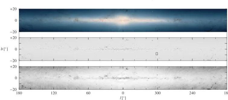 Fig. 1. JHK colour composite of the star count map (top), relative extinction map obtained from the J-band data (middle) and three sigma noise due to the non-uniform distribution of stars in the relative extinction maps for J (bottom)