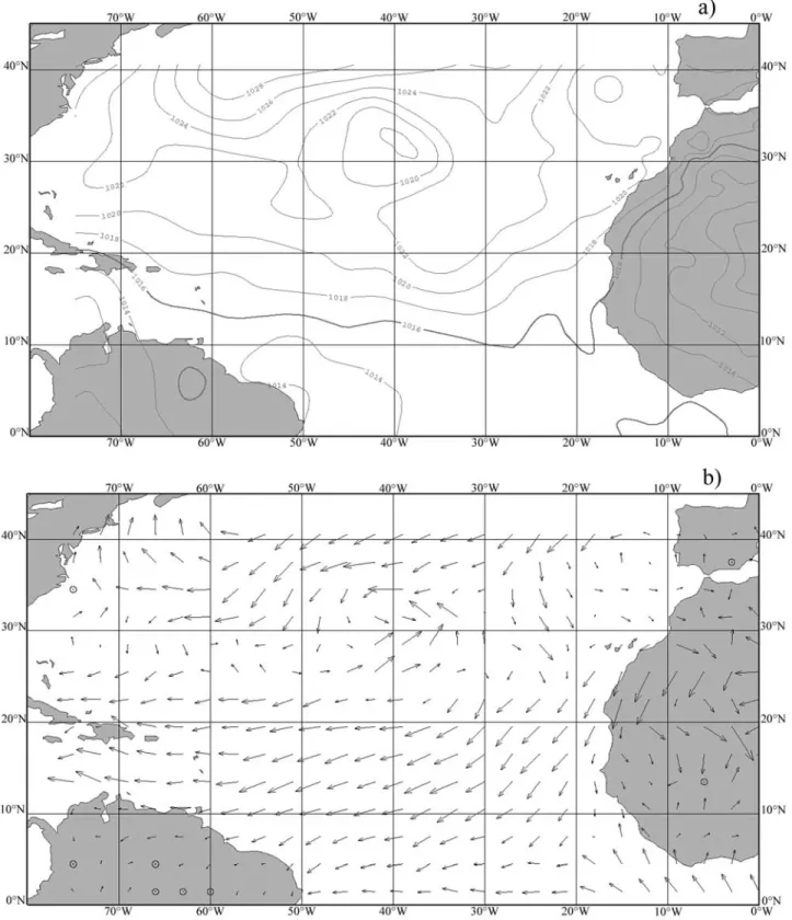 Figure 2. Surface maps on 14 June 1994 at 1200 UTC (from Me´te´oFrance): (a) pressure and (b) wind.