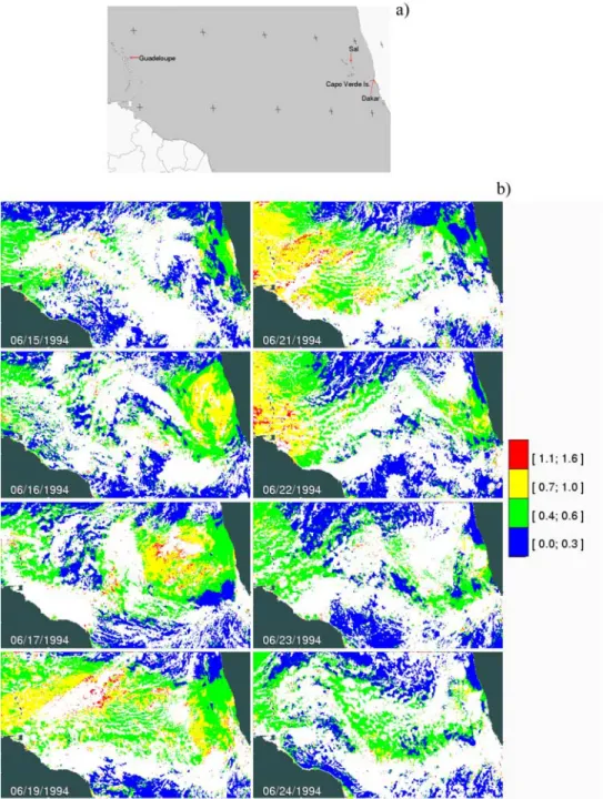 Figure 4. (a) Geographical area observed by Meteosat-3, presented in Figure 4b. The crosses indicate the latitude belt between 10N and 20N, from 20W to 60W