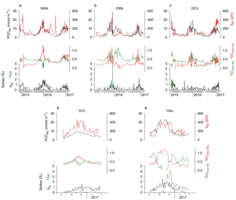 Figure 10. Mean POC in the mixed layer (POC ML ), mean particles diameter in the mixed layer (d ML ), mean contribution of nano- and microplankton to total plank- plank-ton carbon in the mixed layer, and occurrence of b bp and ﬂuorescence spikes below 250 