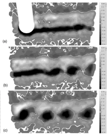 FIG. 1. Vorticity field of a large-scale cylinder wake observed in laboratory experiments at T= 1.3T f 共a兲, T= 5T f 共b兲, and T= 10T f 共c兲, where T f = 2 ␲ / f is the inertial period