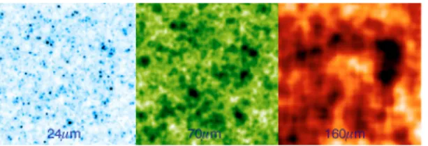 Fig. 2. Images at 24, 70 and 160 µm (left to right) of stacked sources in the brightest bin of 24 µ m flux density, with a random position oﬀset added before each sum