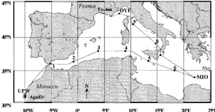 Fig. 1. Location of the stations visited during the PROSOPE cruise, from 4 September 1999 (Agadir, Morocco) to 4 October 1999 (Toulon, France)