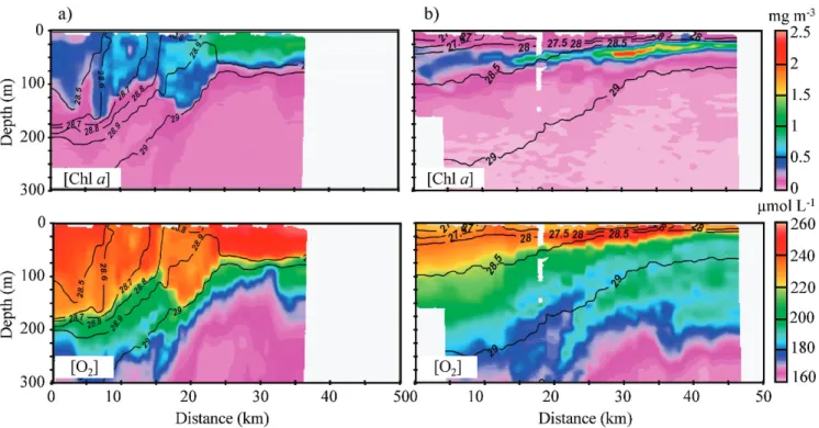 Fig. 11. Glider transects for 12–14 Mar 2007 and 15–17 May 2007. (a) Glider Chl a concentration and oxygen concentration for March deployment; (b) glider Chl a concentration and oxygen concentration for May deployment