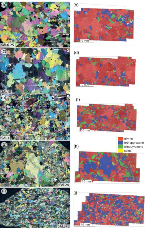Figure 3. Photomicrographs in cross ‐ polarized light (a, c, e, g, i) and EBSD phase maps (b, d, f, h, j) illustrating characteristic microstructures of Hawaii peridotite xenoliths: (a, b) coarse ‐ granular, (c, d) coarse ‐ porphyroclastic, (e, f) partiall