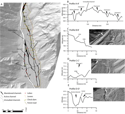 Fig. 3. (A). Abandoned channels identified on the hillshade map computed using the DEM derived from airborne LiDAR data