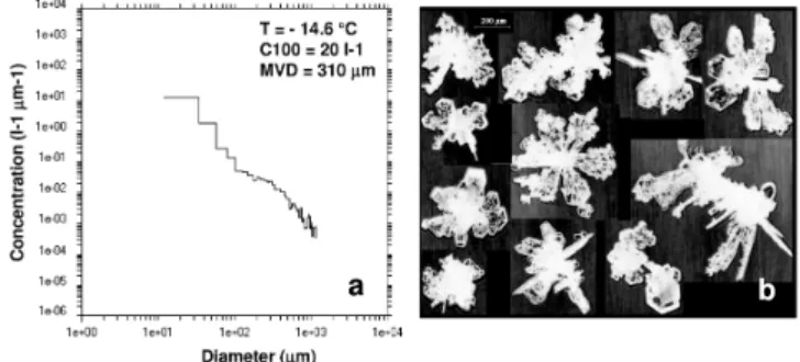 Fig. 9. Number concentration of ice crystals (d &gt; 20 µm) mea- mea-sured by the FSSP-100 versus the concentration of ice particles (d &gt; 100 µm) measured with the CPI (ASTAR, 8 April 2007).