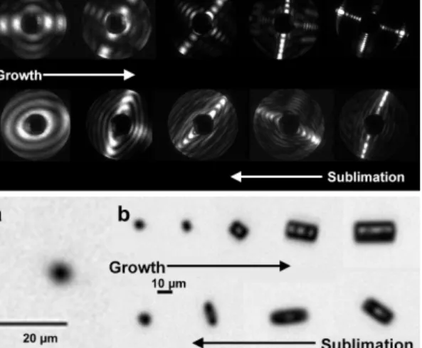 Figure 3. Evolution of SID-3 scattering patterns (upper panel) and PHIPS-HALO micrographs (series b in the lower panel) of  colum-nar ice particles collected during growth and sublimation periods in the − 40 ◦ C temperature range