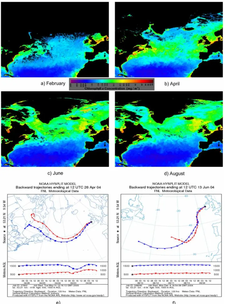 Figure 1. Monthly averages of chlorophyll-a concentration (from SeaWiFS) over the North Atlantic for (a) February, (b) April, (c) June, and (d) August 2004 and typical clean marine air mass back trajectories for (e) April 2004 and (f) June 2004.