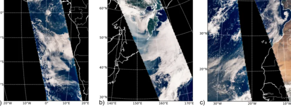 Figure 6. True color POLDER/PARASOL RGB composite (a) over the southeast Atlantic Ocean on 4 August 2008, (b) off the east coast of Russian on 3 July 2008 and (c) over the North Atlantic Ocean on 4 August 2008.