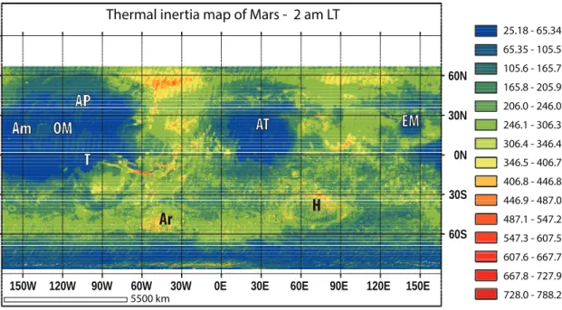 Figure 6: Thermal Inertia data at night measured by TES. The three zones defined in section 3.1 are visible here as low thermal inertia zones