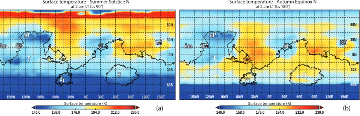 Figure 7: Seasonal dependence of the nighttime surface temperatures data from GCM at the time of the northern summer solstice (a) and northern autumn equinox (b), 2 am LT everywhere