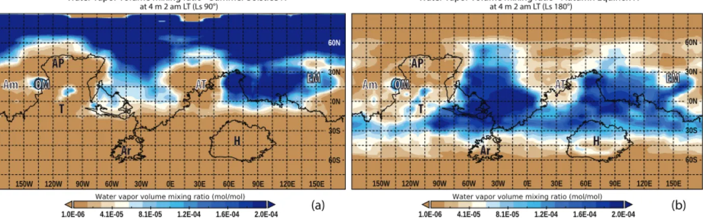 Figure 8: Seasonal dependence of water vapor volume mixing ratio data from GCM at the northern summer solstice (a) and northern autumn equinox (b) at approximately 4 m above surface, 2 am LT globally