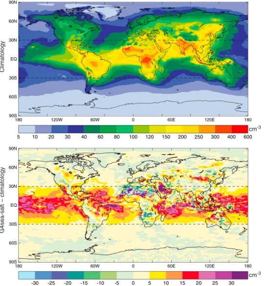 Figure 7. Ten year mean CDNC simulated by HadGEM2-ES for experiment G4sea-salt. All values shown are averages over the altitude range 500 – 1500 m
