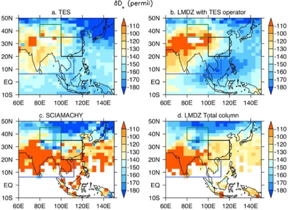 Figure 6. Mean isotopic composition in atmospheric vapor for the wet season (JJA) from (a) TES, (b) LMDZ at mid-troposphere obtained using TES operator (how TES instruments would see d D if d D in the atmosphere were distributed the same as the LMDZ simula