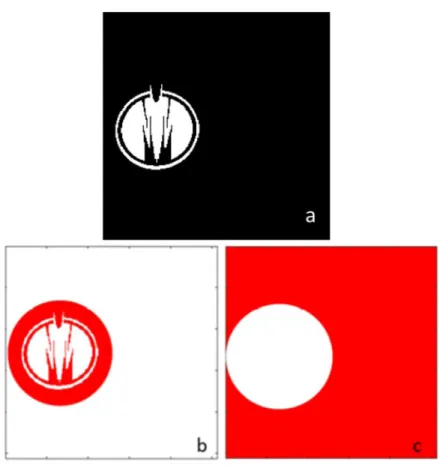 Fig. 2. (a) BATMAN logo original image; regions where parameters are calculated, in red:
