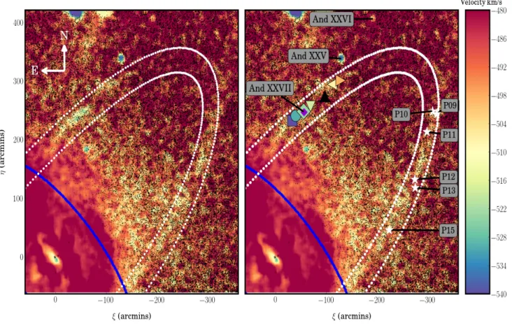 Figure 2: Density plot of RGB stars in the area around And XXVII and the NW stream. The data are obtained from the PAndAS catalogue for stars with 20.5 ≤ i 0 ≤ 24.5 and -2.0 ≤ [Fe/H] ≤ -0.5 and plotted in tangent plane standard coordinates centred on M31.