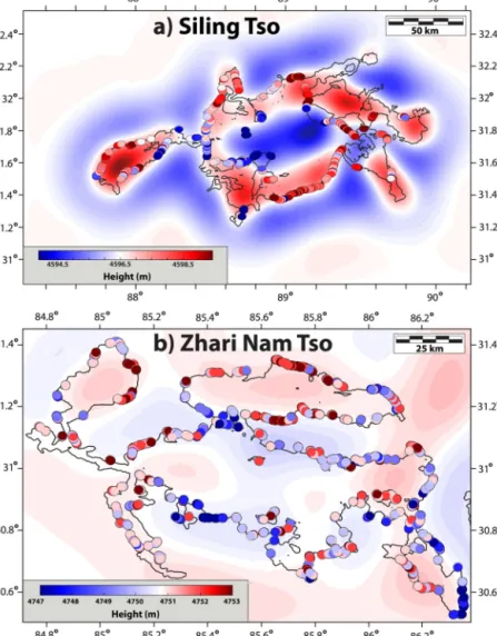Fig. 2. Observed (color-coded circles) and modeled elevation at present of the paleoshorelines marking the Holocene highstand around Siling Tso (a) and Zhari Nam Tso (b)