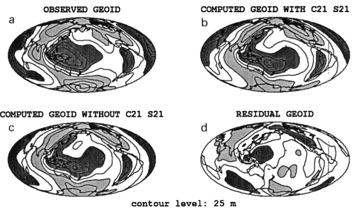 Fig.  9.  (a) Observed,  (b) and (c) computed,  and (d) residual  geoid. In the four maps, the level lines are 25 m  apart