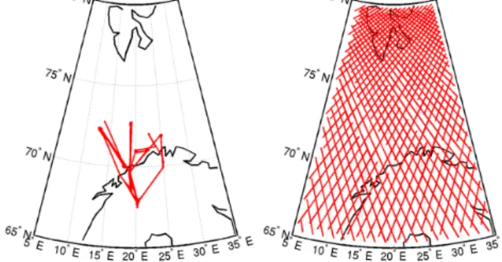 Figure 1. Aircraft trajectories for the measurement days listed in Table 1 (left) and positions of the CALIOP tracks from 27 March to 11 April (right).