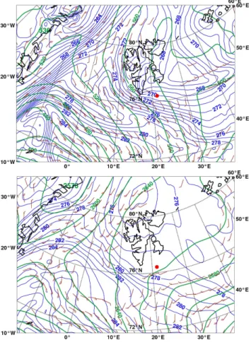 Fig. 2. ECMWF operational analyses: Relative humidity (blue shading, yellow contour lines RHU>100%), and geopotential height (green contour lines, m), valid at 10 April 2007, 12:00 UTC at 400 hPa (a) and at 700 hPa (b).