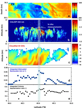Fig. 1. (a) Imaging Infrared Radiometer (IIR); (b) vertical profile of the CALIOP 532 nm attenuated backscatter coefficient; (c) vertical profile of the equivalent reflectivity factor from CloudSat; (d)  inte-grated attenuated backscatter (log-scale); and 