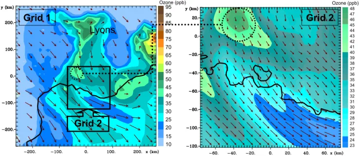 Fig. 10. Ozone concentration (ppb) and Wind speed (ms −1 ) – Left: grid 1; right: grid 2; 29 June 2000 at 09:00 UTC.