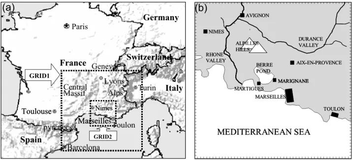 Fig. 1. (a) Geographical map and configuration of nested grids, grid 2 represents the ESCOMPTE domain; (b) a zoom on grid 2 with location of some observation stations.