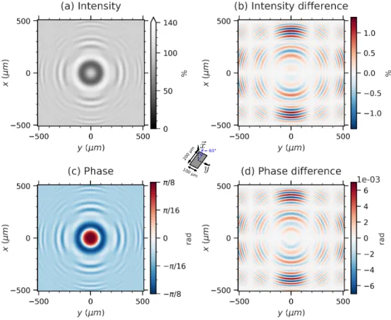 Fig. 3. (a) Intensity diffraction pattern from the 100 × 200 µm opaque rectangle at the distance Z = 2.5 cm with the tilt angle θ = 60°