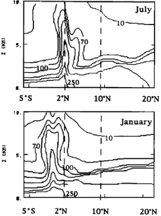 Figure  9.  Vertical  cross sections of  the tracer concentra-  tion after 24 hours of model time in January and July