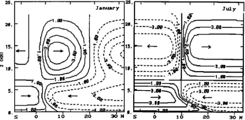 Figure 3.  Vertical cross sections  of the initial meridional wind in January and July