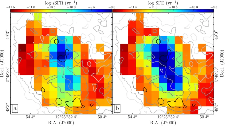 Figure 7. Maps of specific SFR (sSFR, left) and star formation efficiency (SFE) with respect to atomic plus molecular gas (right) of the central 1.5 × 1.5 arcmin of VCC 848
