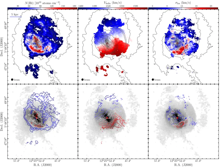 Figure 2. H i gas column density map (left), intensity-weighted velocity field (middle) and velocity dispersion map (right) of VCC 848