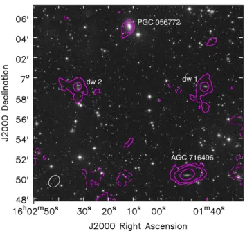 Figure A3. HI in the field of NGC 4803. The greyscale is the DESI Legacy Survey g image; contours are (−2, 2, 5, 10) × 1.4 × 10 19 cm −2 , which is the nominal column density limit towards the VLA pointing centre (NGC 4803)