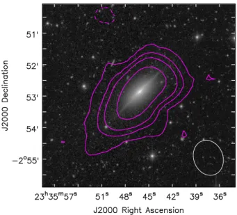 Figure 1. HI integrated intensity in NGC 7710. The grayscale is the MATLAS g image from Duc et al