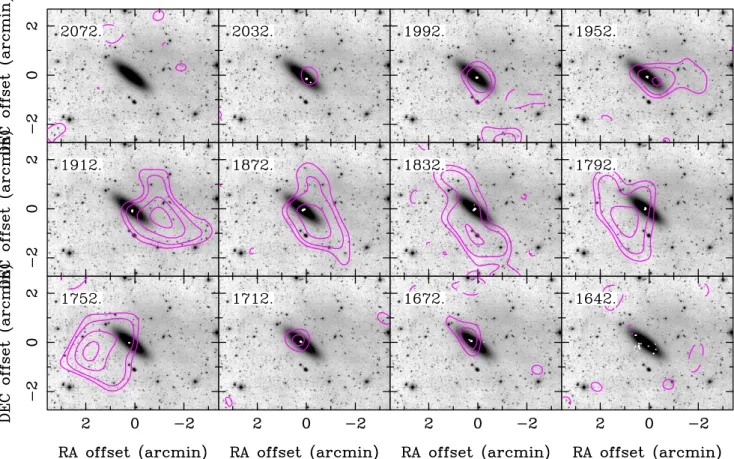 Figure 11. Channel maps of IC 0719. The greyscale background is the MATLAS g image; pink contours are HI at levels of ( − 3, − 2, 2, 3, 5, 7) × 0.85 mJy beam −1 