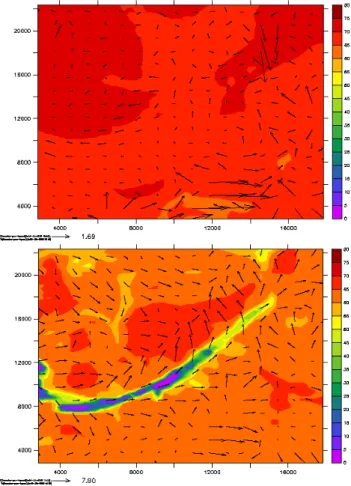 Fig. 11. Ozone concentration [ppb] and wind fields over Chamonix valley at 12:00 (top) and 21:00 (bottom); 10 July 2003.