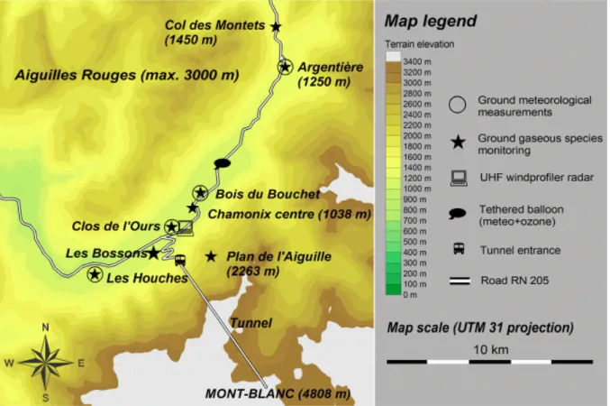 Fig. 1. Topography of Chamonix valley: main measurement sites (centre of the valley: Latitude 45.92 ◦ N, longitude 6.87 ◦ E)