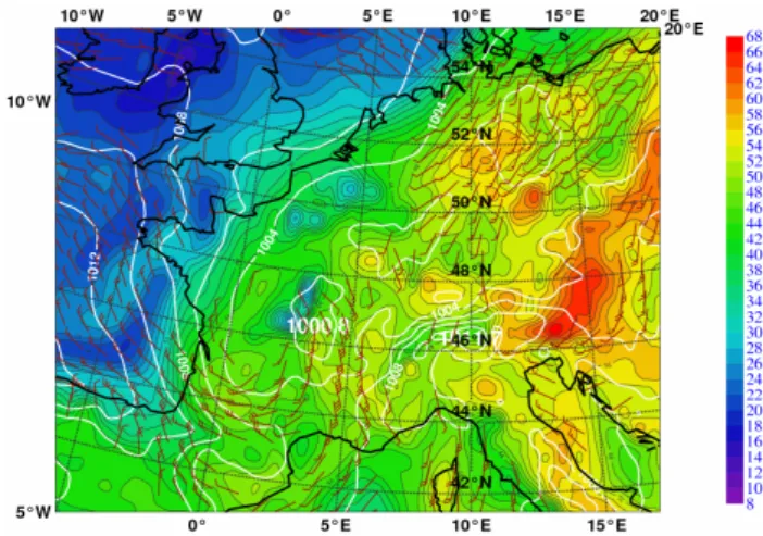 Figure 1Fig. 1. Equivalent potential temperature (color shading,◦C), and horizontal wind (barbs) at the 850 hPa pressure level on 26 May 2007, 12:00 UTC