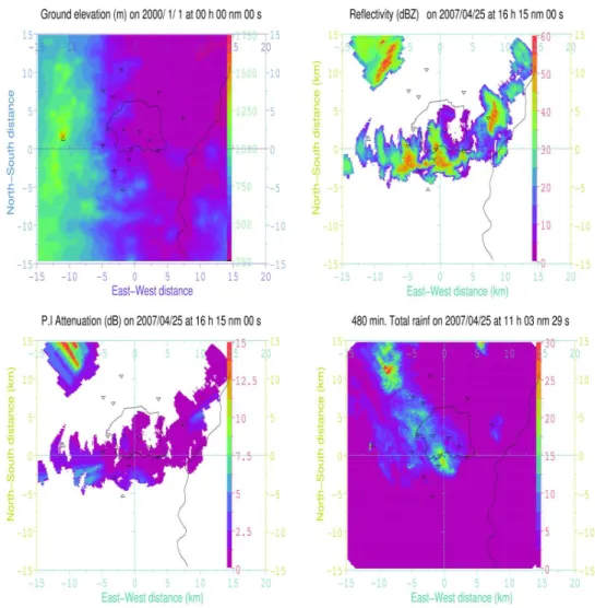 Figure  3:  (a)  Radar  environment  orography  with  the  Puy  de  Dôme  to  the  West  and  the  markers  to  identify  the  rain-gages  location  while  the  solid  lines  indicate  the  contour of Clermont-Ferrand and the Allier river; (b) Reflectivity