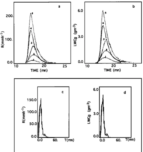 Figure 4.  Evolution  of (a) average  intensity  R and (b) average  liquid  water  content  LWCg for five runs  at the central point