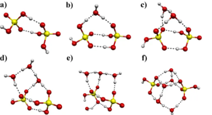 Fig. 5. The most stable structures with respect to the forma- forma-tion free energy 1G (at T = 298.15 K and P = 1 atm) for  clus-ters consisting of two sulfuric acids with ammonia and 0–5 water molecules: (a) (H 2 SO 4 ) 2 · NH 3 , (b) (H 2 SO 4 ) 2 · NH 