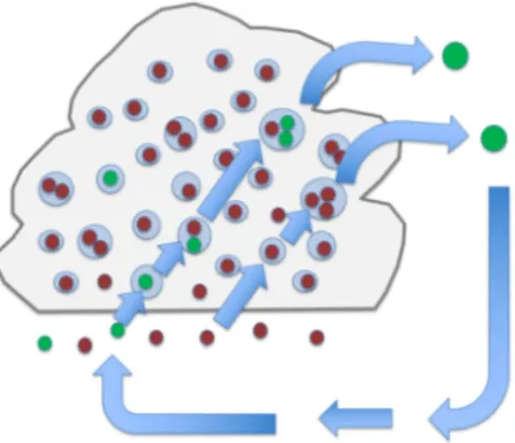 Figure 1. Schematic display of the treatment of cloud processing of aerosol particles in the model (initial “pristine” particles in red and “cloud-processed” particles in green).