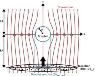 Fig. 1. Computational domain - the injection disc of AP and airflow around the droplet (scheme not scaled).