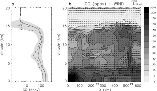 Fig. 5. Simulation results on 8 February 2001 at 22:00 UT. (a) CO averaged over the Grid 2 domain as a function of altitude (bold line) with logarithm scale in horizontal axis