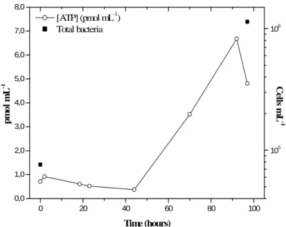 Fig. 1. Timedependence of the concentration of adenosine tri-phosphate (ATP) in a bulk cloud water sample stored at 17 ◦ C under agitation (200 rpm) and closed against exogenous  con-tamination