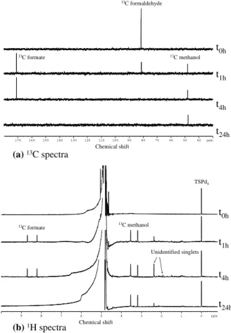 Fig. 6. (a) 13 C NMR spectra showing the transformation of 13 C formaldehyde present at the beginning into 13 C methanol and 13 C formate during the time of incubation (example of the strain Frigoribacterium sp