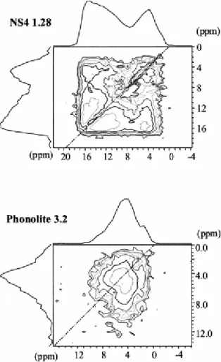 Fig. 6.  1 H MAS autocorrelation spectra through a 2 quanta filter (C7 dipolar recoupling sequence) for NS4 1.28  and Phonolite 3.2 spinning at 10 kHz