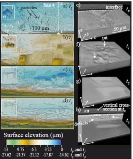 Figure 6. Evolution of etch pit morphologies at the surface of face 4 (surface extract of  455 × 419 