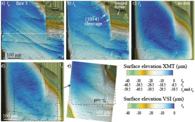 Figure 8. Evolution of the surface morphology of face 3. (a)-(d) XMT-derived topography from 433 